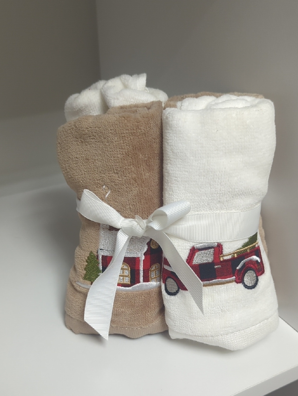Holiday Kitchen Towels Set - Red Truck Embroidered